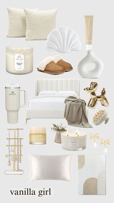 a collage of white and gold items including candles, pillows, blankets and other things