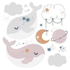 two whales with stars and moon in the sky, one is sleeping on its back