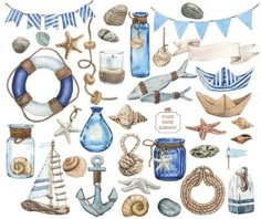 a watercolor painting of marine items and decorations