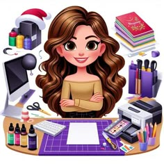 a woman sitting at a desk surrounded by office supplies