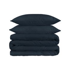 four pillows stacked on top of each other in dark blue color, with one pillow folded up to the side