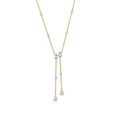 Ross-Simons - .50 ct. t. w. Diamond Y-Necklace in 14kt Two-Tone Gold. 16". An RS exclusive. This classic Y-necklace embraces a modern aesthetic with .50 ct. t. w. baguette and round diamonds that give the look of .94 ct. t. w. marquise and pear-shaped diamond clusters. Set in polished 14kt white and yellow gold. Cable chain includes a 2" extender. Lobster clasp, diamond Y-necklace. Diamond birthstones are the perfect gift for April birthdays. Yellow Gold Single Cut Diamond Lariat Necklace, Yellow Gold Lariat Necklace With Single Cut Diamonds, Fine Jewelry Diamond Backdrop Necklace In Yellow Gold, Fine Jewelry Yellow Gold Diamond Backdrop Necklace, Timeless Drop Necklace With Brilliant Cut, Classic Yellow Gold Drop Necklace, Classic Yellow Gold Briolette Diamond Necklace, Fine Jewelry Long Drop Diamond Necklace In Yellow Gold, Yellow Gold Long Drop Diamond Necklace