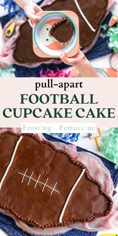 a football cupcake cake with chocolate frosting and sprinkles