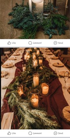 the table is set with candles and greenery