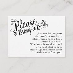 a white business card with the words please to bring a book