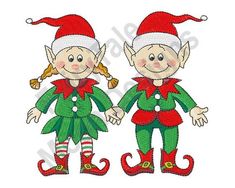 two elves with christmas hats and green pants are standing next to each other, both holding hands