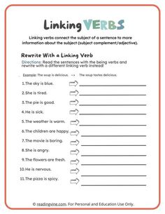 a printable worksheet for linking verbs