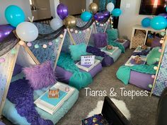 Mermaid Party, Teepee Party, Girl Birthday, Under the Sea, Mermaid theme, Party Ideas, Ariel, Little Mermaid Mermaid Teepee Party, Mermaid Slumber Party Ideas, Mermaid Tent Party, Under The Sea Slumber Party, Under The Sea Sleepover, Mermaid Slumber Party, Mermaid Sleepover, Ocean Spa, Kids Party Tables