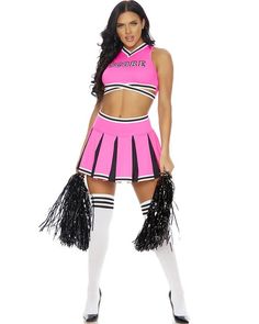 a woman in a pink and black cheerleader outfit