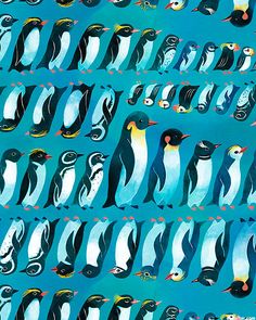 an image of penguins in the ocean with different colors and patterns on it's sides