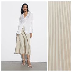 Nwt. Zara Cream High-Waist Pleated Midi Skirt With Invisible Side Zipper Fastening. Size S Ref. 4387/071. Size S - Waist 13." Flat, Length 37". Chic White Pleated Skirt For Fall, White Feminine Long Pleated Skirt, White Long Feminine Pleated Skirt, Spring Neutral Long Skirt, White Flowy Pleated Skirt For Fall, White Feminine Skirt For Work, White Casual Pleated Skirt For Work, Casual White Pleated Skirt For Work, Feminine Long Skirt For Workwear