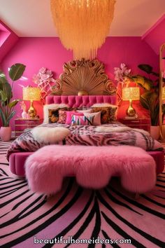 a bedroom decorated in pink and gold with zebra print rugs on the floor, chandelier hanging from the ceiling