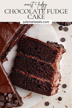 two slices of chocolate fudge cake on top of a white plate with chocolate chips