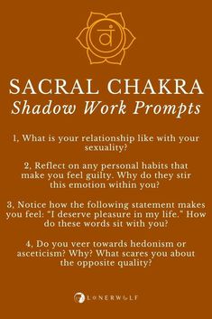 Which of these is your favorite Sacral Chakra shadow work journaling prompt? If you want to explore more shadow work prompts covering each of the seven chakras, keep reading ... #shadowwork #shadowworkprompts #chakrajournaling Sacral Shadow Work, Sacral Journal Prompts, Throat Chakra Shadow Work Prompts, Shadow Work Prompts Healing, Sacral Chakra Prompts, Journal Prompts For Sacral Chakra, Sacral Chakra Healing Journal Prompts, Sacral Chakra Shadow Work