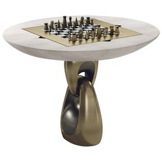 a table with chess pieces on it and an object in the middle that looks like a vase