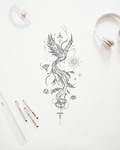 a drawing of a bird with wings on it's back, surrounded by scissors and tape