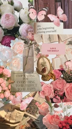 a collage of pink flowers and cards