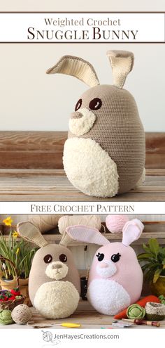 Collage images of the Weighted Crochet Snuggle Bunny in tan and pink variations. Text overlay, "Weighted Crochet Snuggle Bunny, Free Crochet Pattern, JenHayesCreations.com."