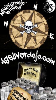 an advertisement for a pirate themed event with skulls and bones on the chest, in front of