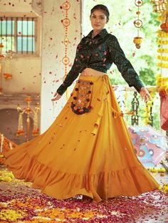 Classic Mustard Yellow Cotton Readymade Special Navratri Wear Crop Top With Lehenga Garba Dress, Lehenga Crop Top, Crop Top Lehenga, Vibrant Outfits, Cotton Lehenga, Yellow Lehenga, Navratri Chaniya Choli, Crop Top Designs, Choli Designs