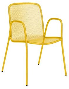 a yellow plastic chair with arms and legs, viewed from the front angle on an isolated white background