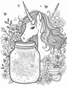 an adult coloring book with a unicorn in a jar filled with flowers and butterfly wings