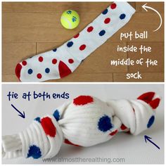 the instructions for how to make a sock dog toy with balls and yarn on it