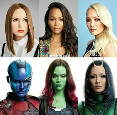 four different pictures of the same woman with different hair colors and makeup styles, one is wearing