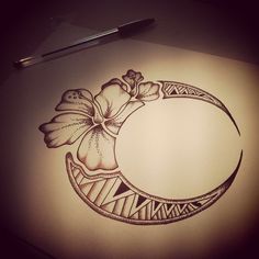 a drawing of a crescent with flowers on it