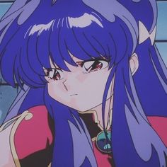 an anime character with blue hair and purple eyes looking at something in front of her