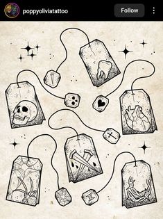 an image of some bags with skulls and bones on them in black ink, hanging from strings