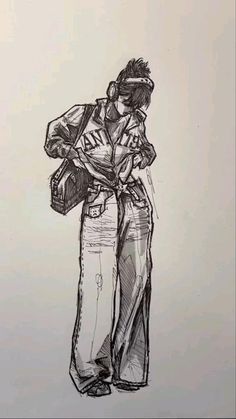 a black and white drawing of a person holding a bag