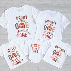 When ordering Select the size shirt that you'd like and the family member. Add it to your cart. Repeat for each shirt you order. Content + Care -Machine wash cold and tumble dry low Size + Fit -True To Size Fit (American Uni-Sex Sizes for T-Shirts) -Available in baby 3month-18 months, toddler 2t-5t, youth small-XL, and adult sizes small, medium, large, x-large, 2x-large, and 3x-large Processing + Shipping Your order will ship out in 2-5 days. Please allow 1-2 days for processing. Most orders are Farm First Birthday, Little Miss Onederful, Miss Onederful, On The Farm, Farm Animal, Little Miss, Family Matching, Matching Shirts, The Farm