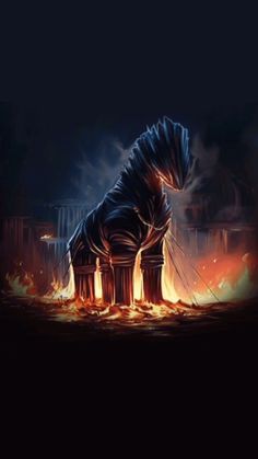 a horse that is sitting in the middle of some kind of fire with its head down