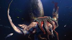 an octopus attacking a giant squid in the deep blue water with other fish around it