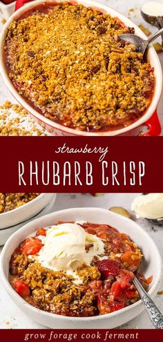 strawberry rhubarb crisp in a bowl with ice cream on top