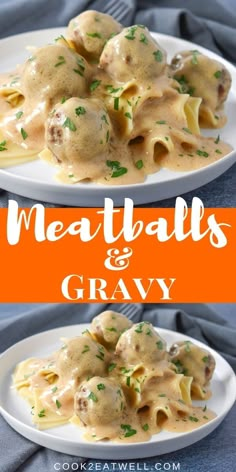 two plates with meatballs and gravy on them