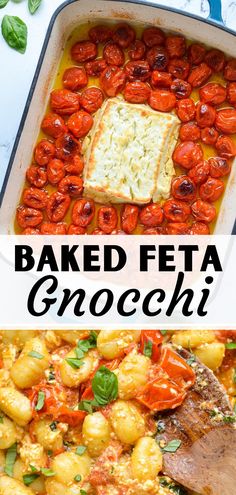 baked feta gnocchi with tomatoes and spinach in a baking dish on the side