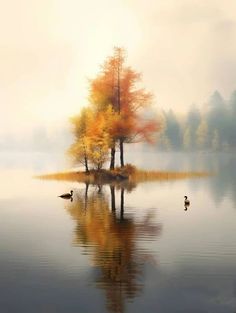 two ducks are swimming in the water next to an island with trees and leaves on it