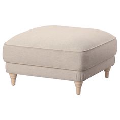 the footstool is made out of wood and has a beige fabric cover on it