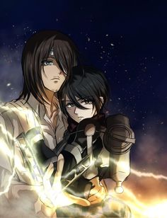 two anime characters hugging each other in front of a dark sky with stars and clouds