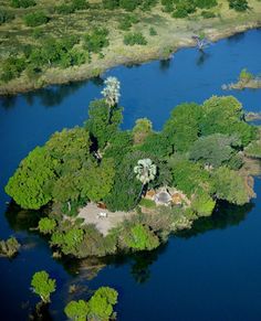 an aerial view of a small island in the middle of a river surrounded by trees