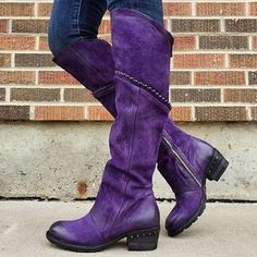 Women's Boots Plus Size Outdoor Daily Knee High Boots Block Heel Chunky Heel Round Toe Vintage Casual Minimalism Faux Leather PU Zipper Solid Color Red Purple Brown 2023 - US $42.99 Boots And Jeans, Purple Boots, Buckled Flats, Boots Cowboy, Suede Boots Knee High, Purple Suede, Block Heel Boots, Martin Boots, Boots Knee