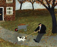 a painting of a man pushing a wheelbarrow with a dog in front of him