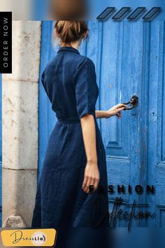 Elegant Solid Turndown Collar Linen Lace Up Wrap Dresses Blue Linen Dress, Solid Skirt, Fall Winter Dresses, Dress Linen, Japan Style, Natural Fabric, Medium Dress, Dress Inspiration, Navy Blue Dresses