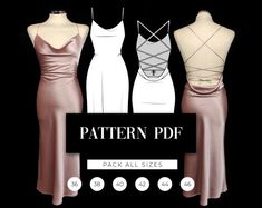 three dresses on mannequins with the text pattern pdf pack all sizes