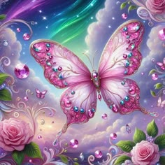 a painting of a pink butterfly flying through the sky with roses and butterflies around it