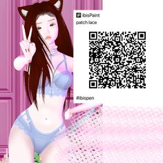 a girl with long hair is posing for the camera and has a qr code in front of her