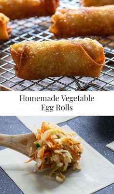 homemade vegetable egg rolls on a cooling rack and in the process of being cooked with an egg roll machine