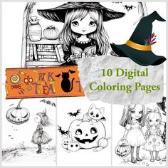 the 10 digital coloring pages for kids to color on their halloween costumes and pumpkins